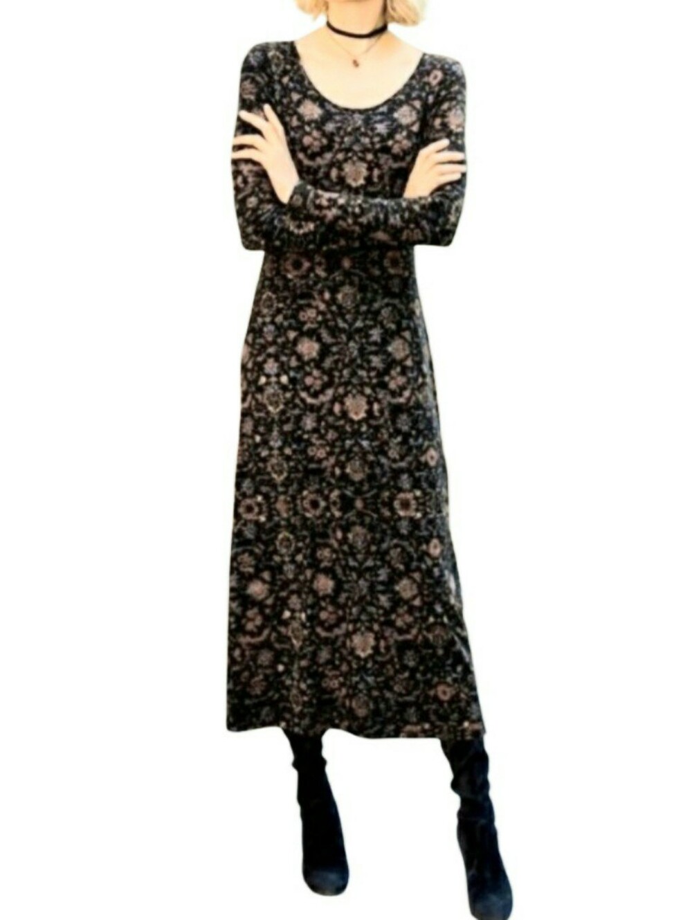 Peruvian Connection Dynasty Black Abstract Floral Long-Sleeve Maxi Dress S Boho